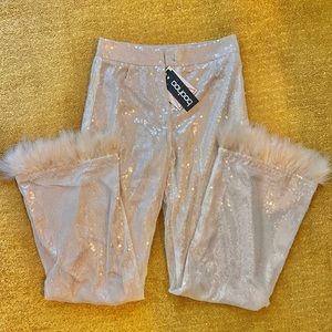 Petite Sequin Wide Leg Feather Pants great for New Years Eve size 2